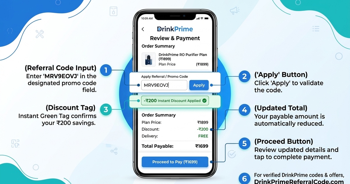 Where to enter DrinkPrime referral code MRV9EOVJ in the app checkout